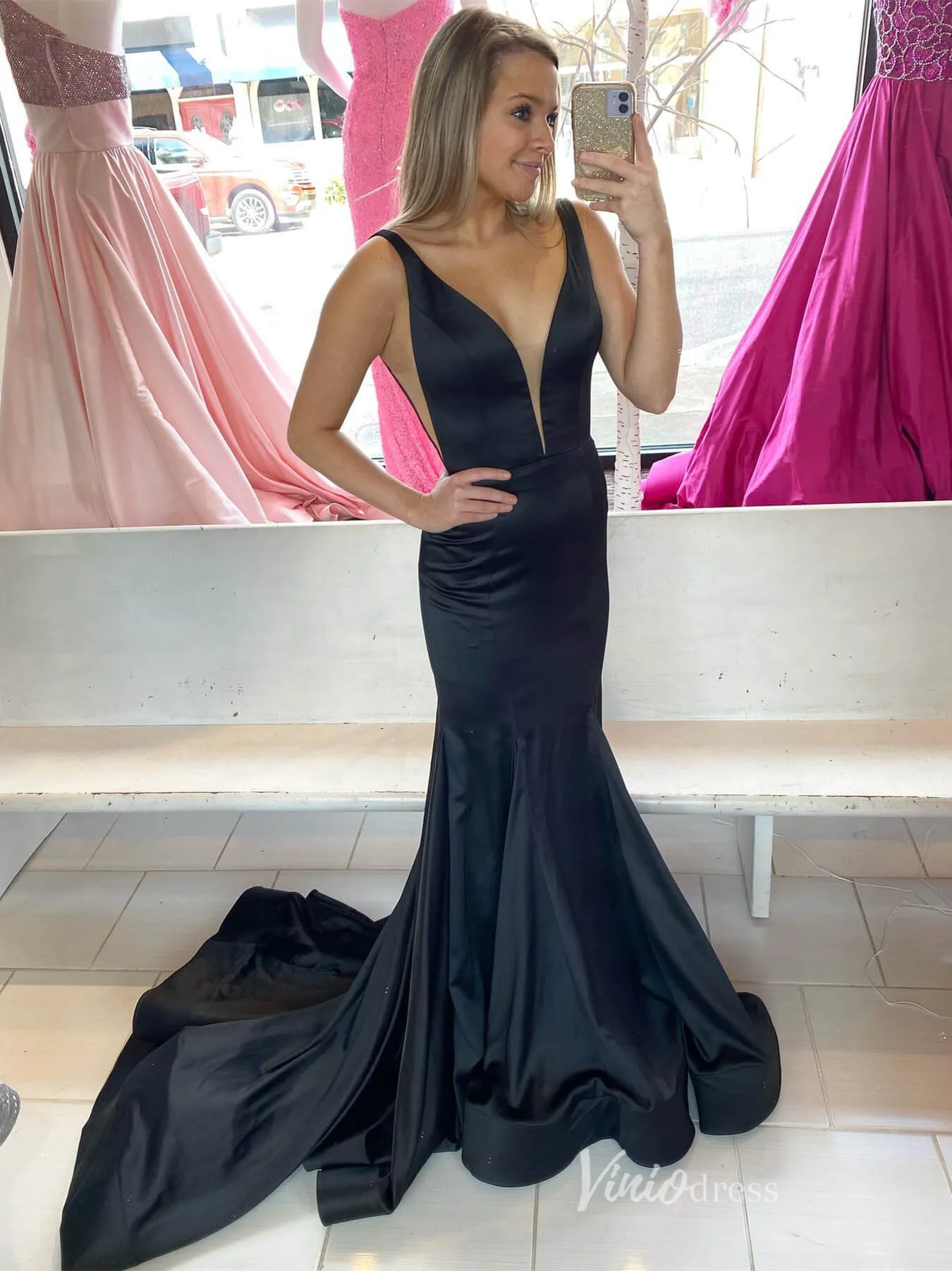 Black Satin Mermaid Prom Dresses Plunging V-Neck Beaded Belt FD2691