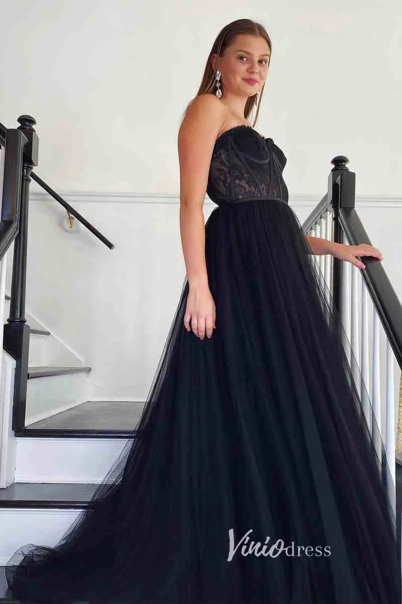 Black Tulle Prom Dresses Strapless Boned Formal Gown FD3269