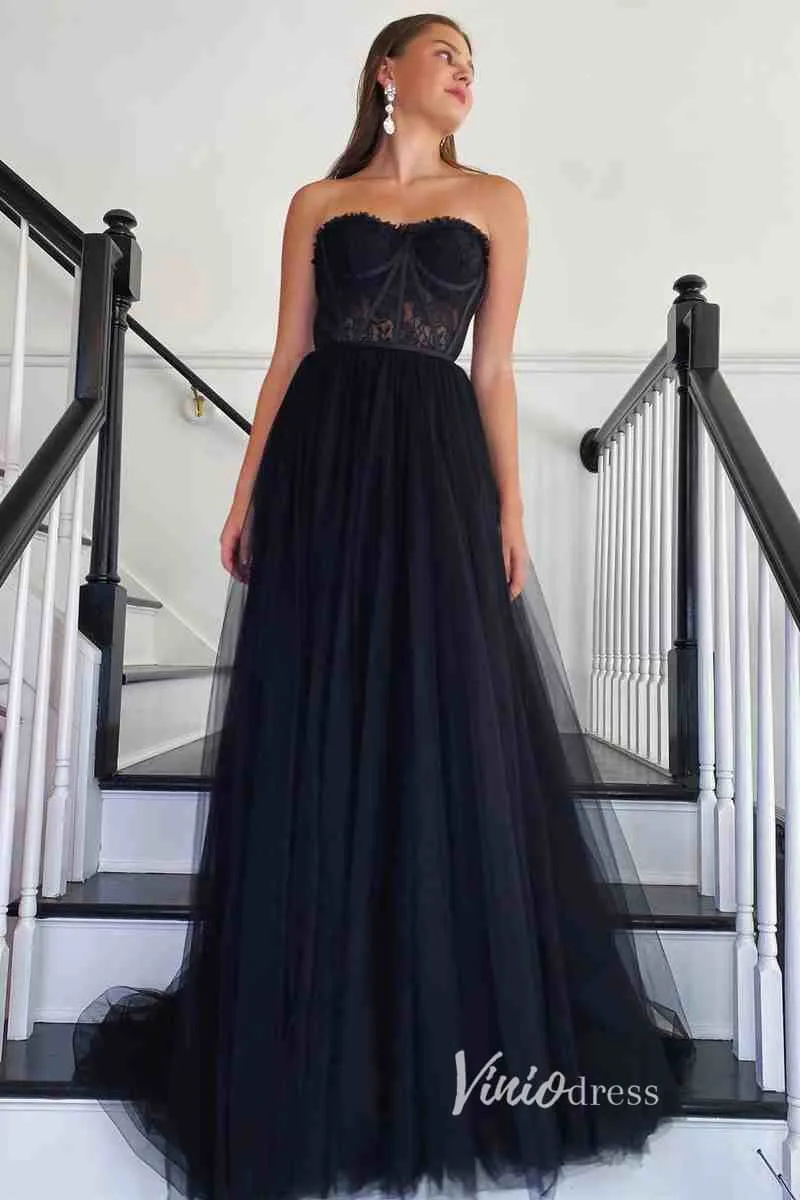 Black Tulle Prom Dresses Strapless Boned Formal Gown FD3269