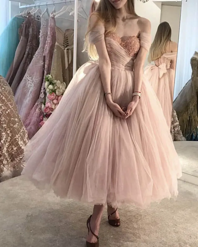 Blush Midi Prom Dress Tulle Corset Ball Gown