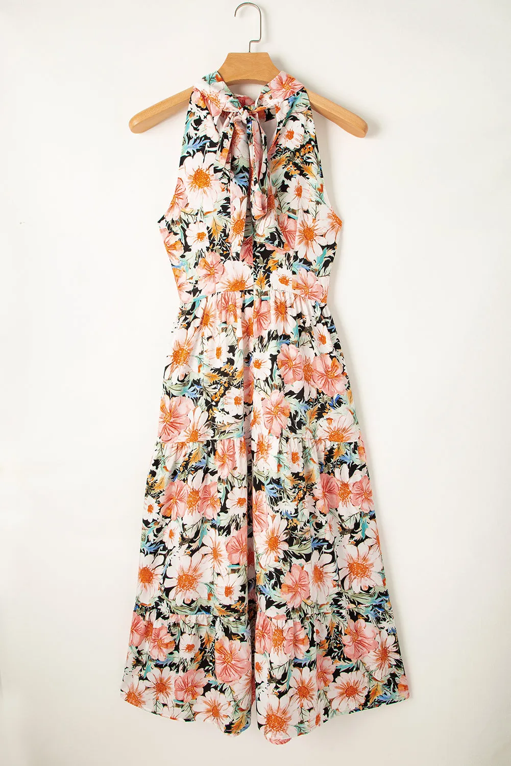 Boho Floral Knotted Halter Maxi Dress