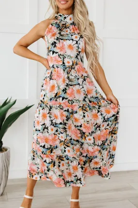 Boho Floral Knotted Halter Maxi Dress