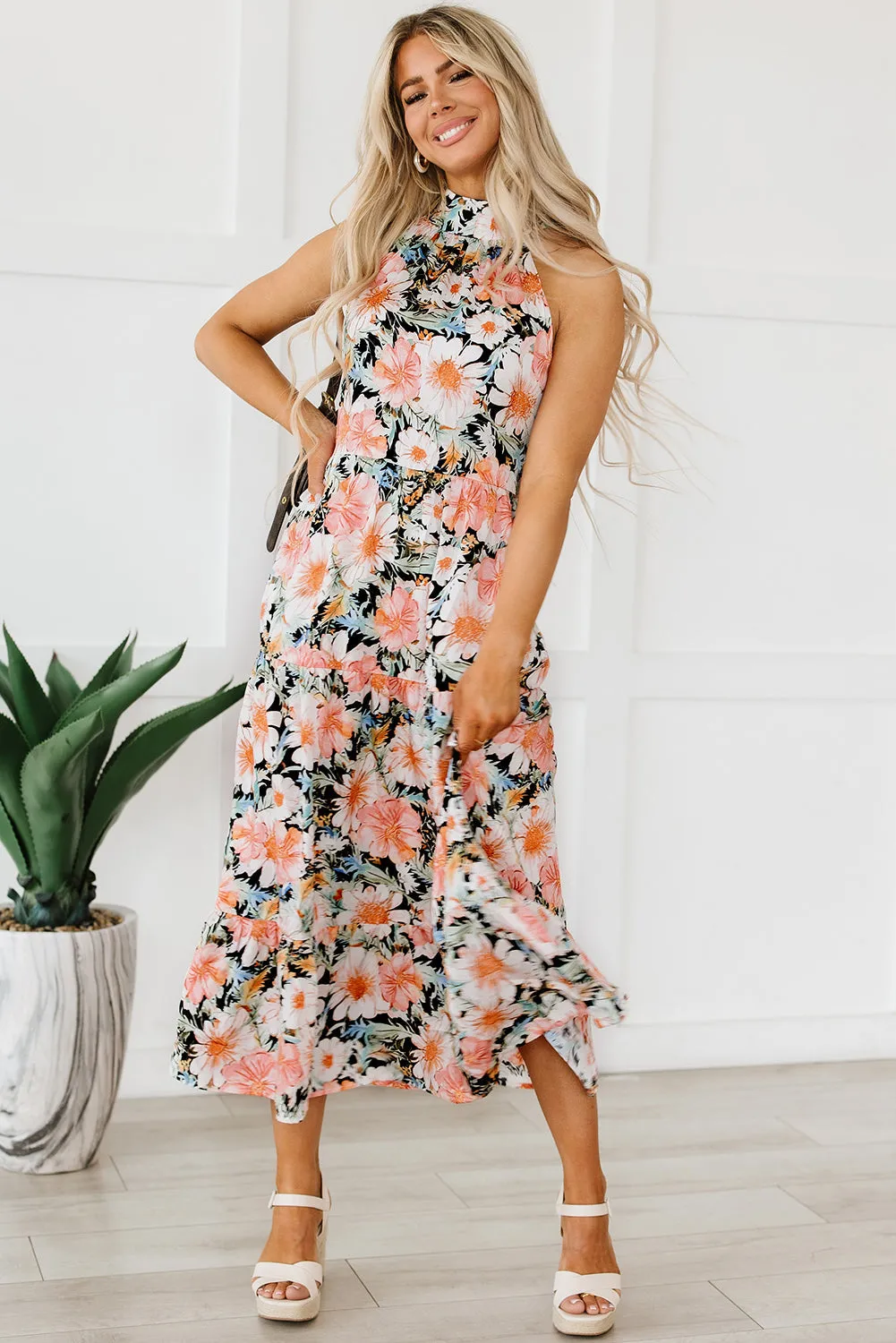 Boho Floral Knotted Halter Maxi Dress