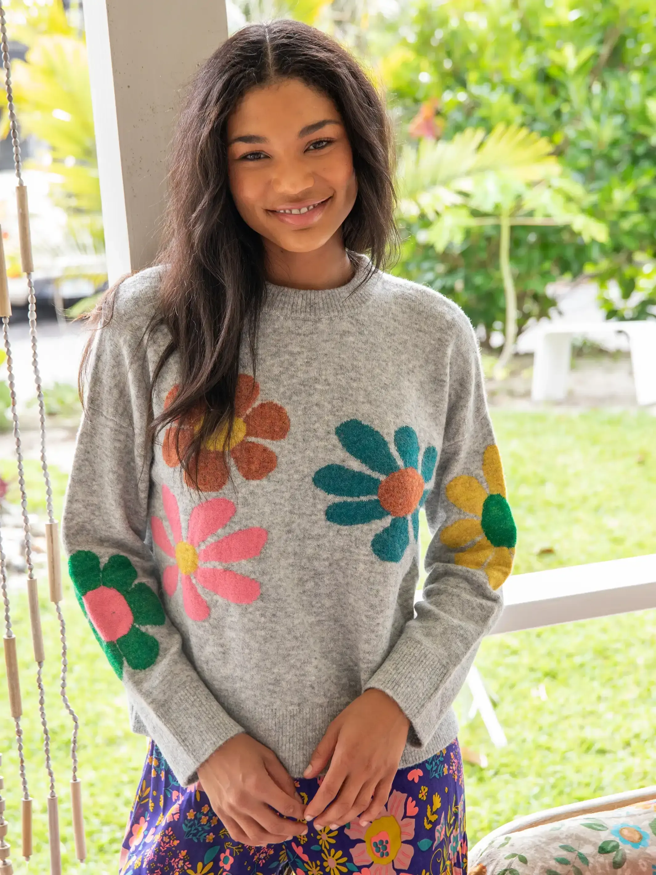 Boxy Intarsia Sweater - Ash Flower