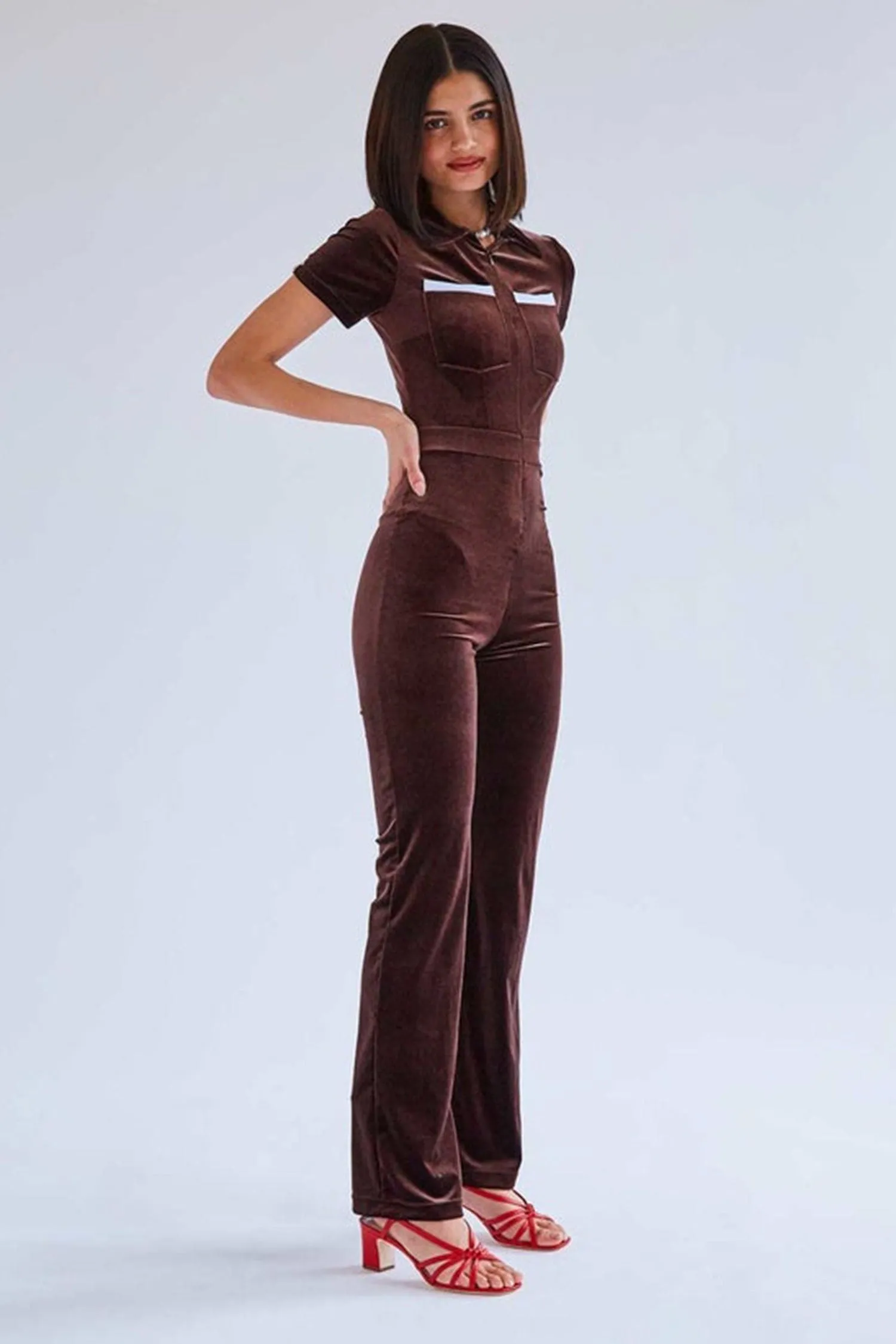 Brown Polo Short Sleeve Velvet Jumpsuit