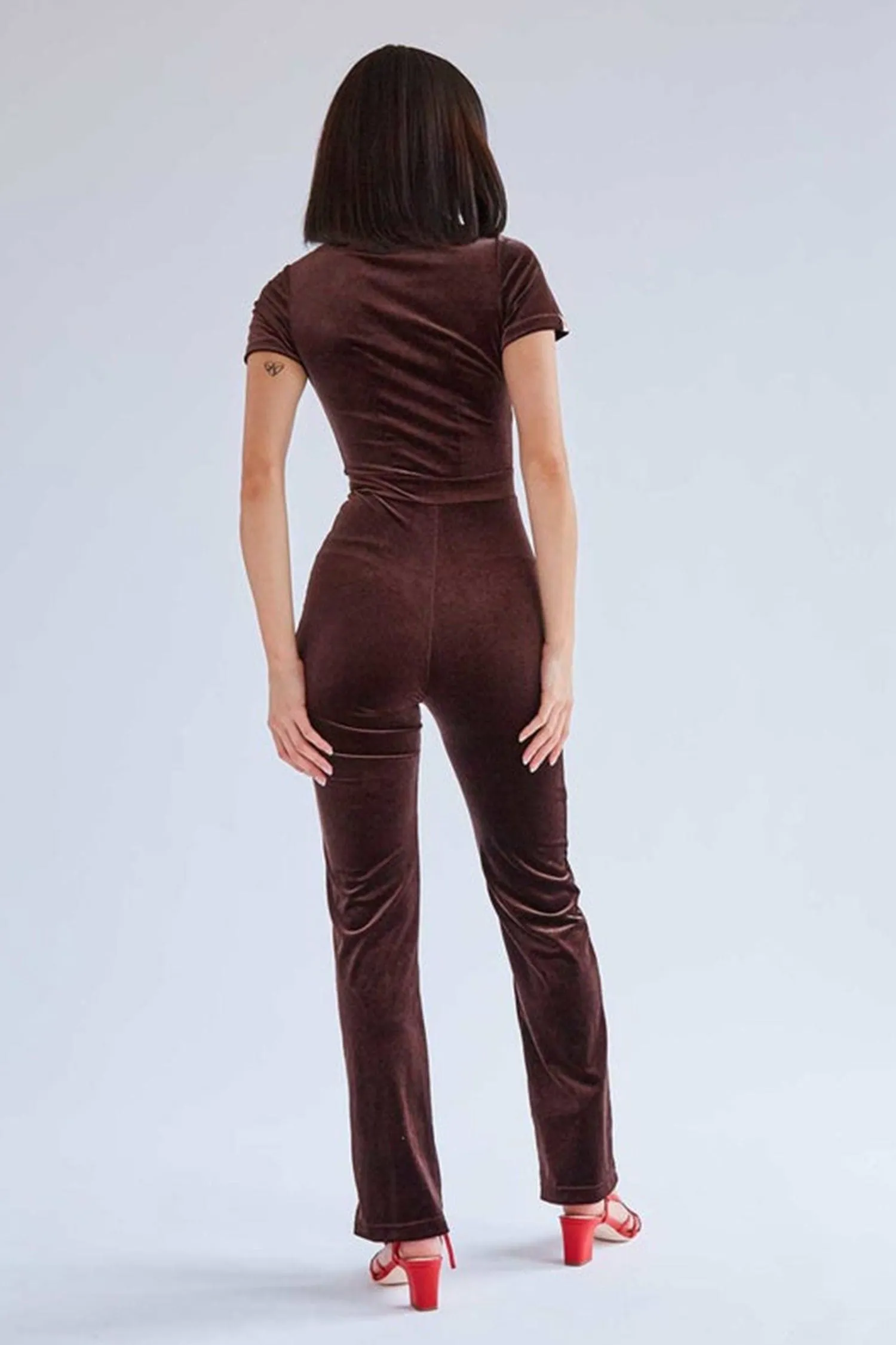 Brown Polo Short Sleeve Velvet Jumpsuit