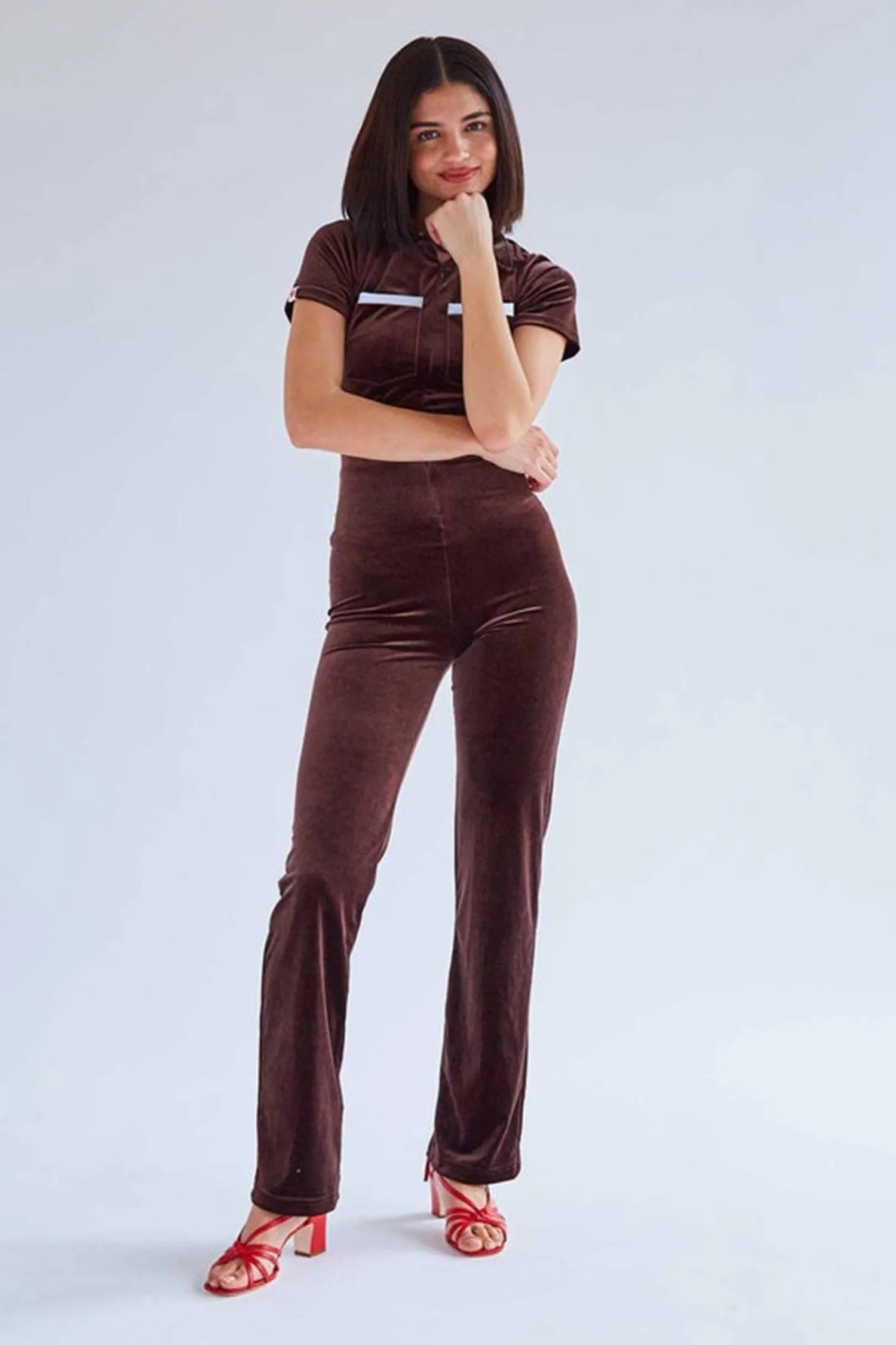 Brown Polo Short Sleeve Velvet Jumpsuit