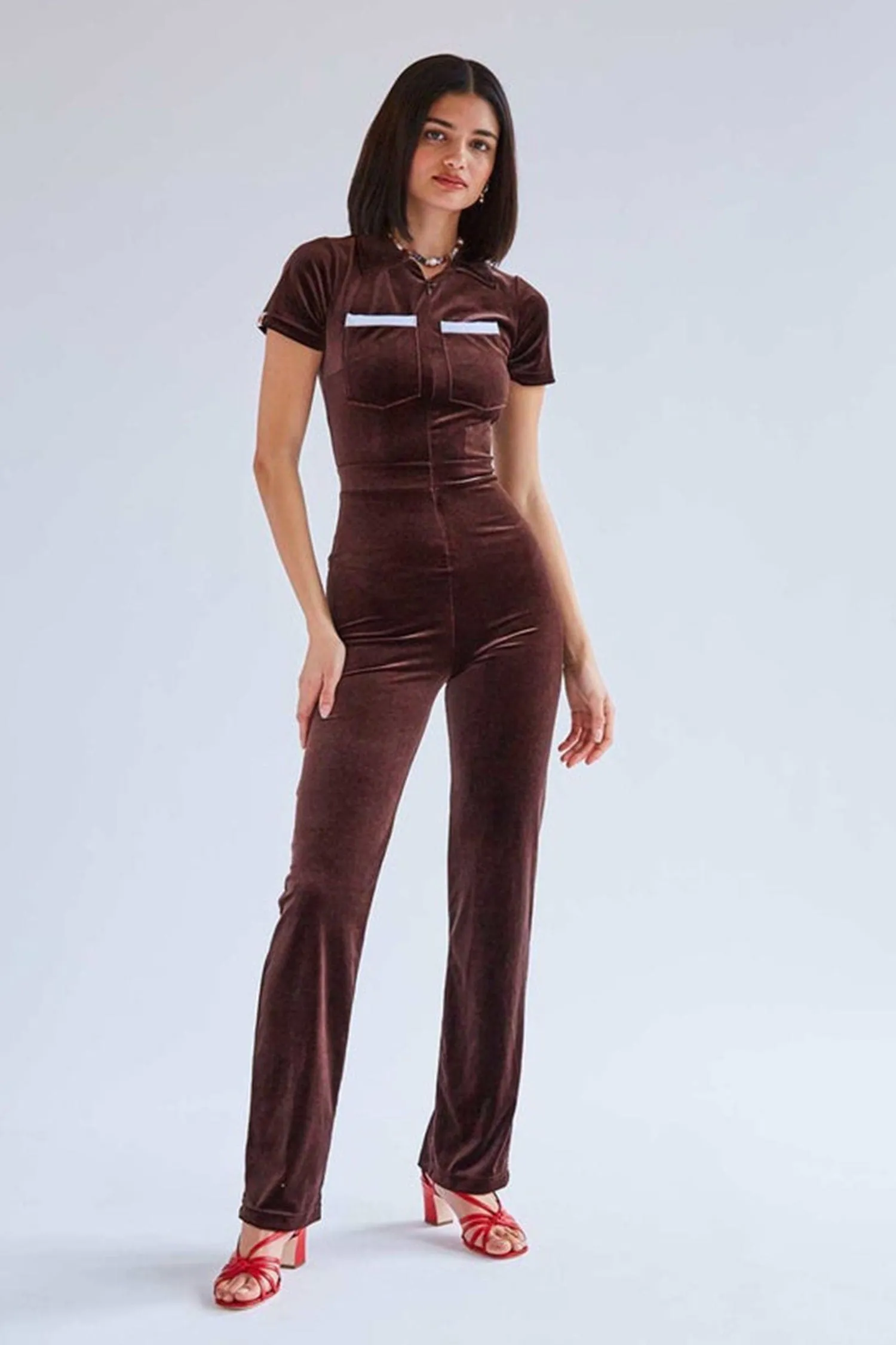 Brown Polo Short Sleeve Velvet Jumpsuit