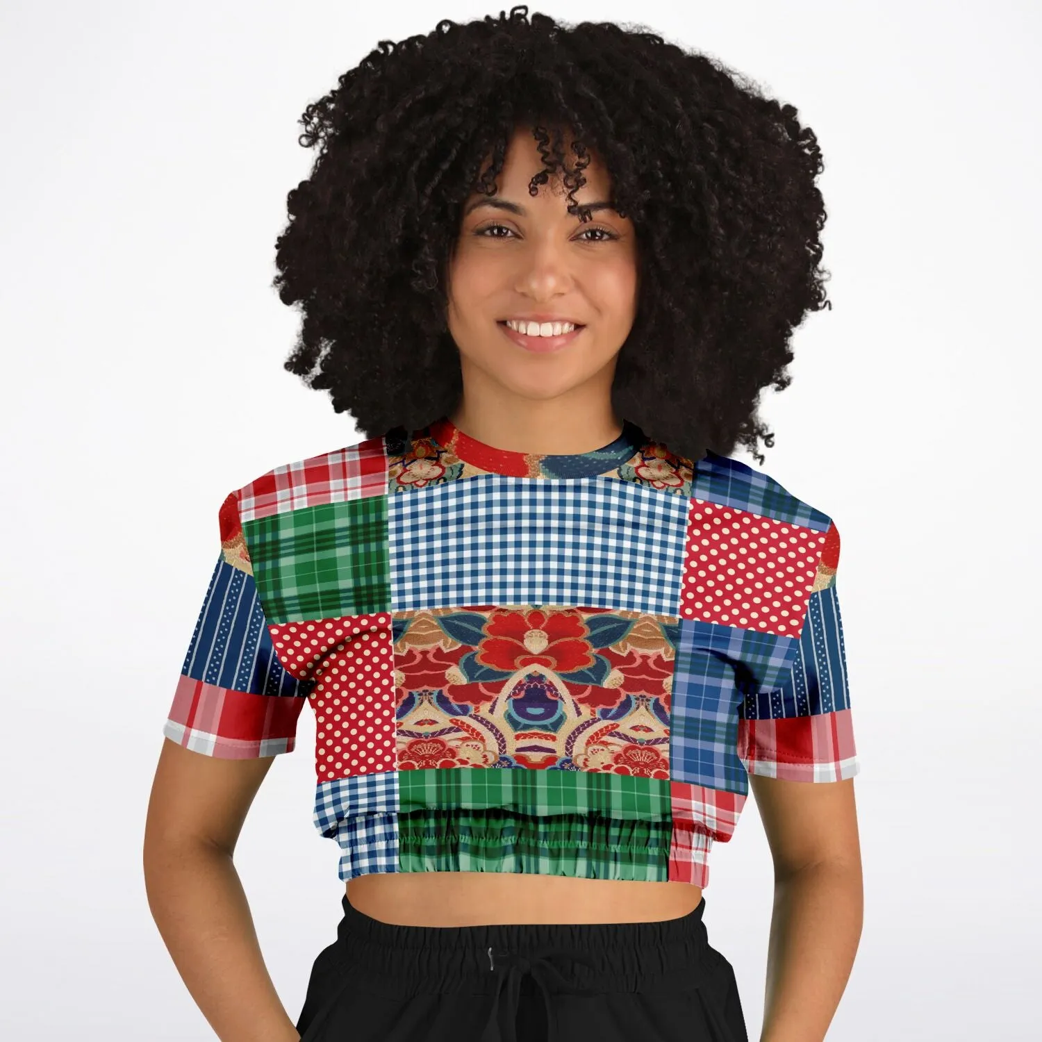 Busan Fleur Floral Plaid Patchwork Short Sleeve Cropped Eco-Poly Sweater