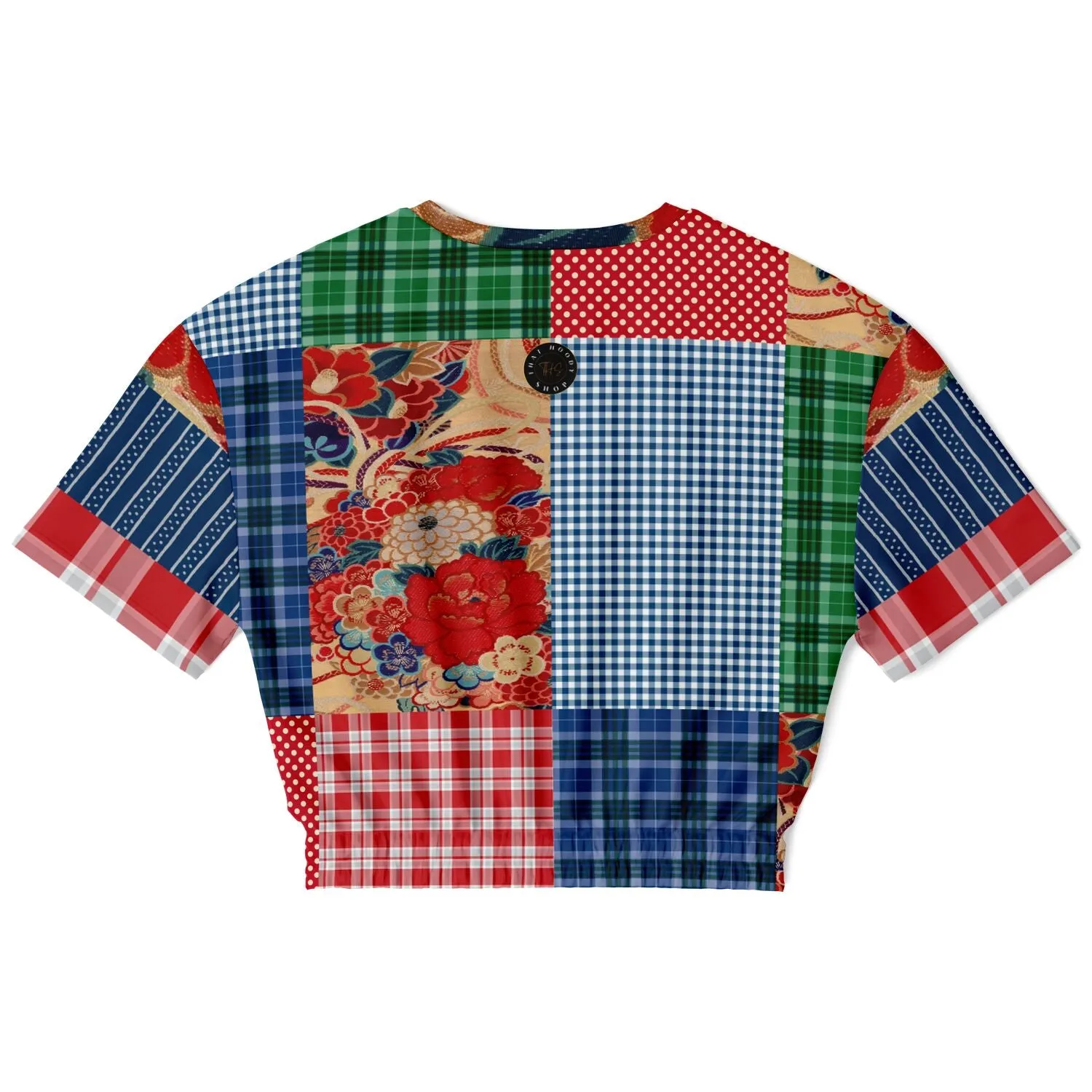 Busan Fleur Floral Plaid Patchwork Short Sleeve Cropped Eco-Poly Sweater