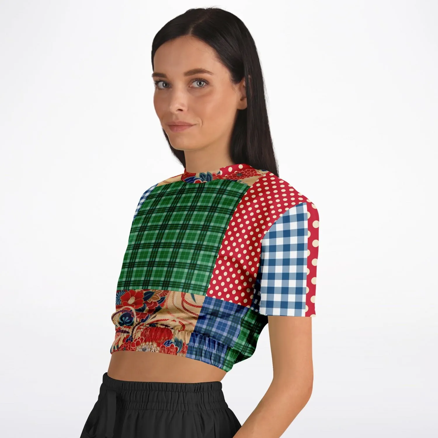 Busan Fleur Plaid Patchwork Short Sleeve Cropped Eco-Poly Sweater