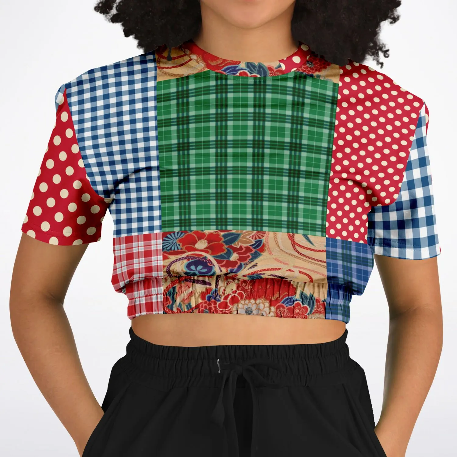 Busan Fleur Plaid Patchwork Short Sleeve Cropped Eco-Poly Sweater