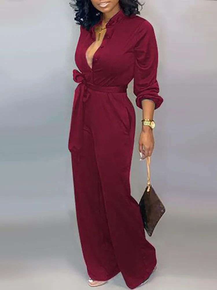 Button Belted Wide Leg Jumpsuit