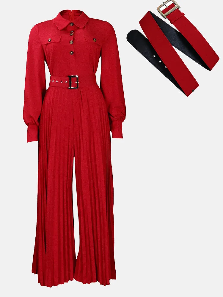 Button Pleated Wide Jumpsuit