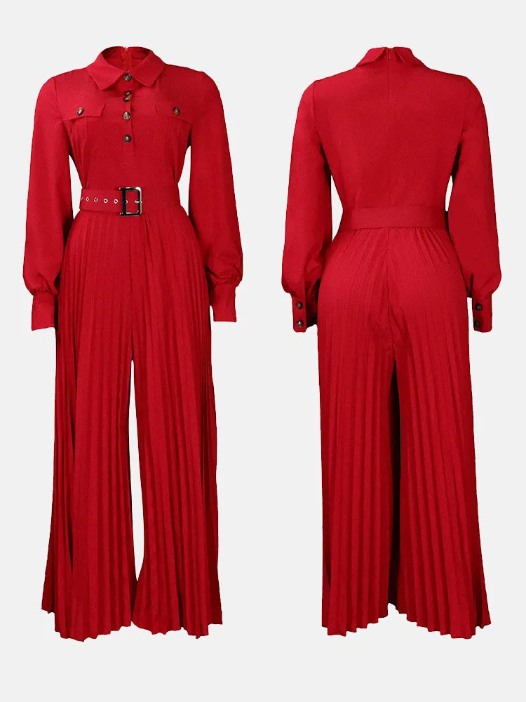 Button Pleated Wide Jumpsuit