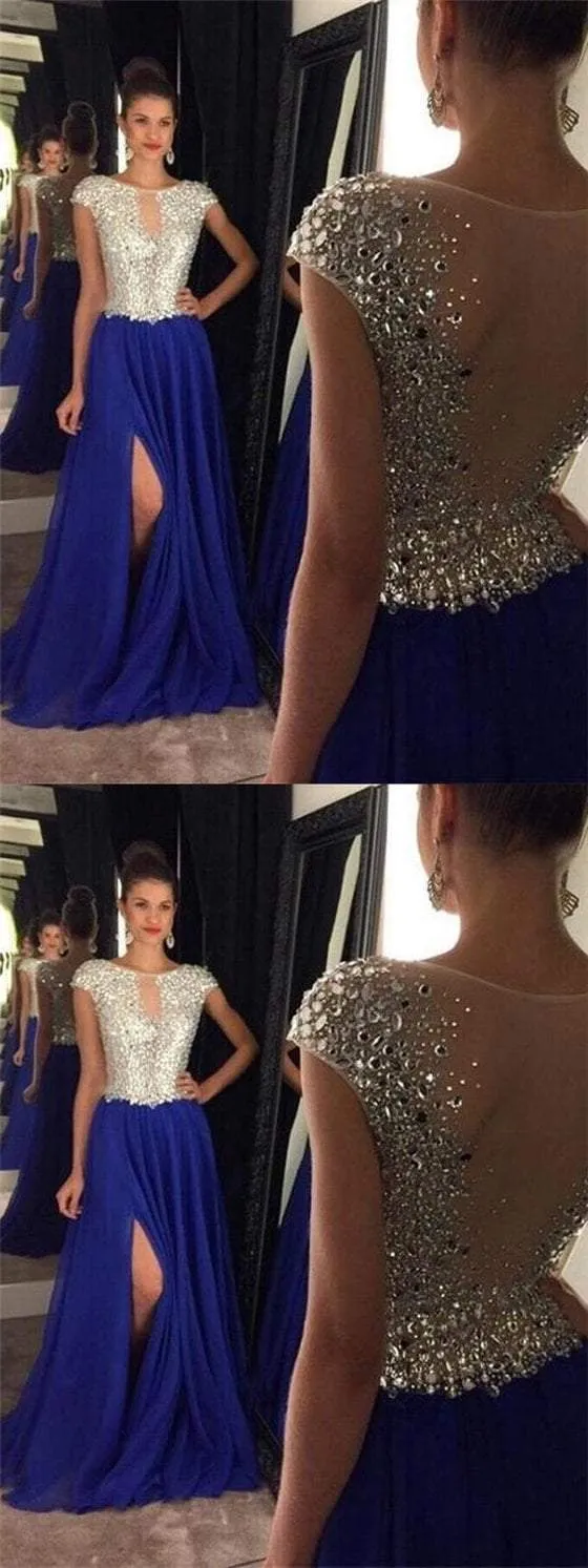 Cap Sleeve Prom Dresses, Rhinestone Prom Dresses, Side Slit Prom Dresses, Long Prom Dresses, BG0407