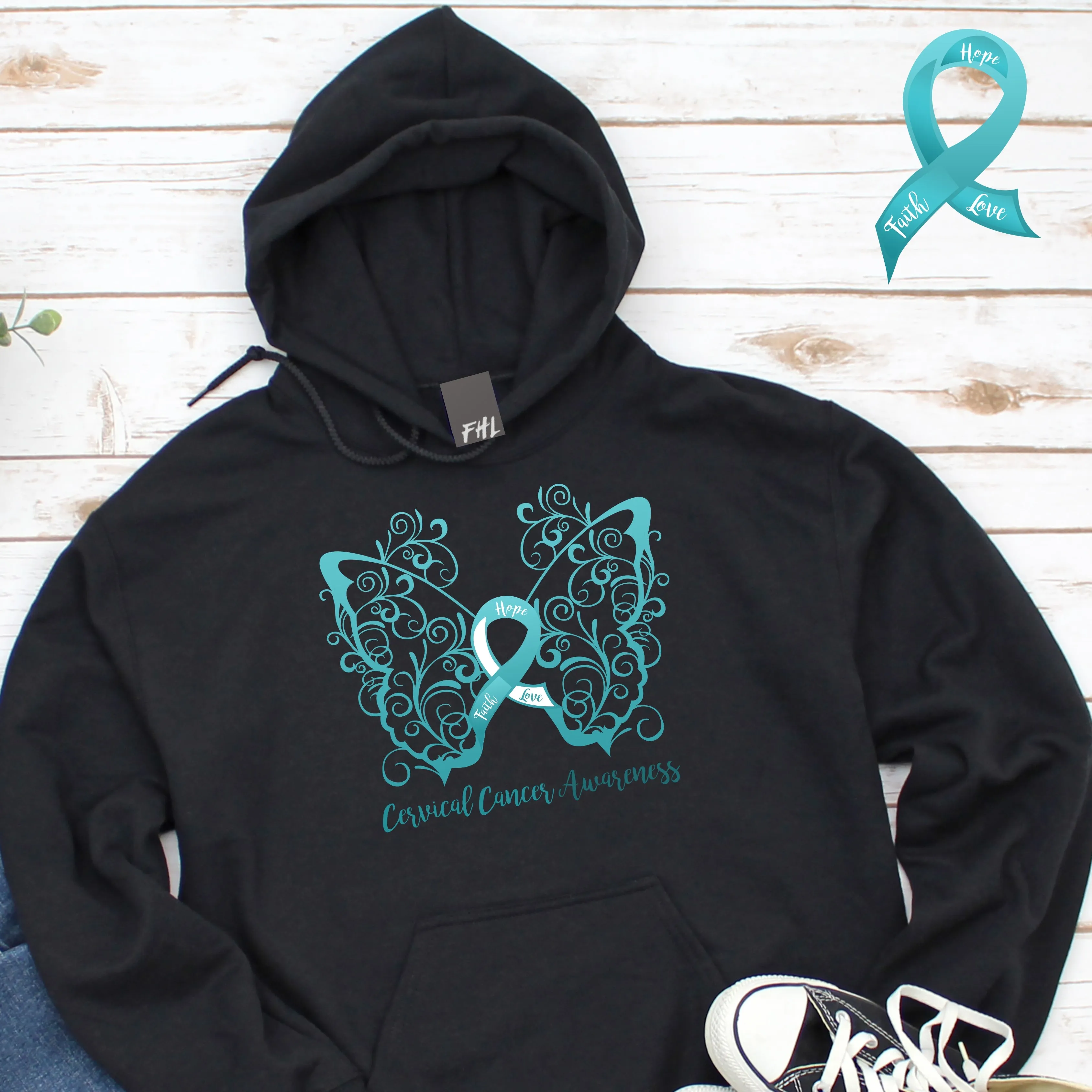 Cervical Cancer Awareness Filigree Butterfly Hoodie - Several Colors Available