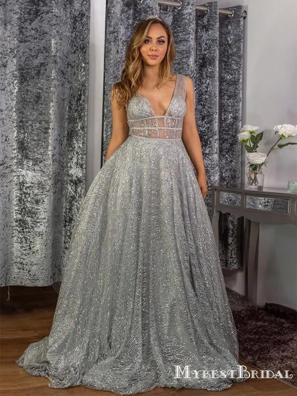 Charming A-Line Silver Sequined V Neck Sparkly  Sexy Party Dress Long Cheap Formal Prom Dresses, PDS0034