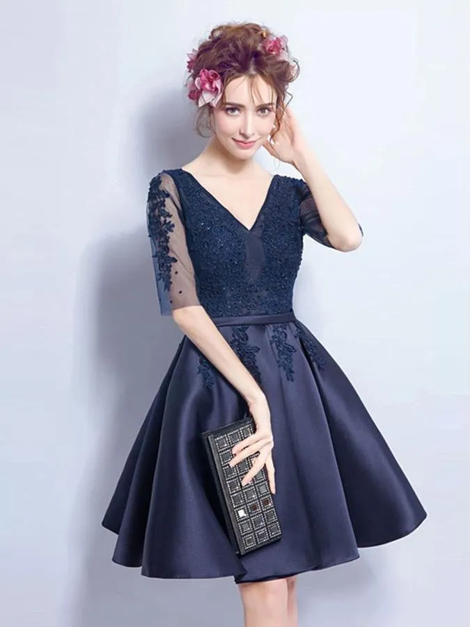 Cheap Short Cute Long Sleeve Lace Navy Homecoming Dresses 2018, BDY0185