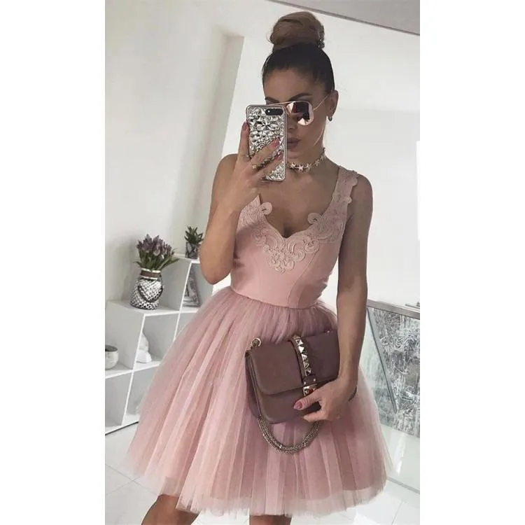 Cheap V Neck Tulle Cute Pink Homecoming Dresses 2018, BDY0199