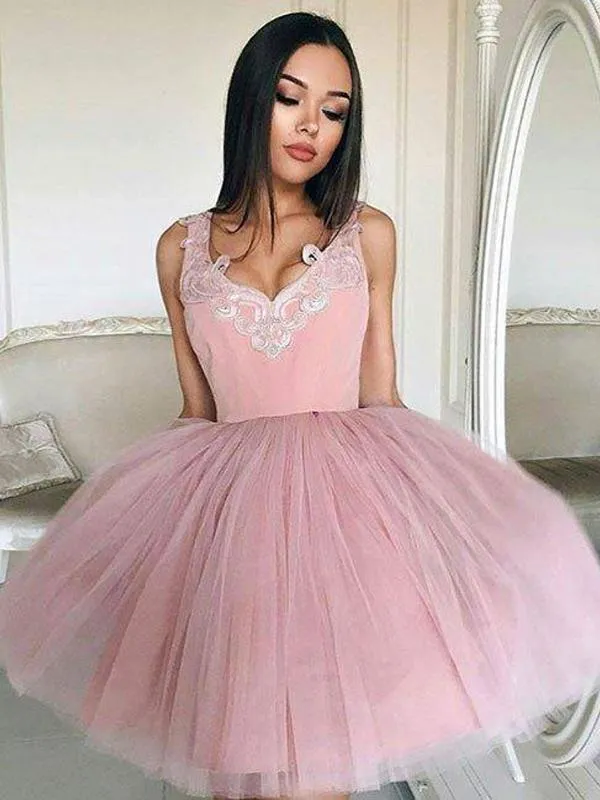 Cheap V Neck Tulle Cute Pink Homecoming Dresses 2018, BDY0199