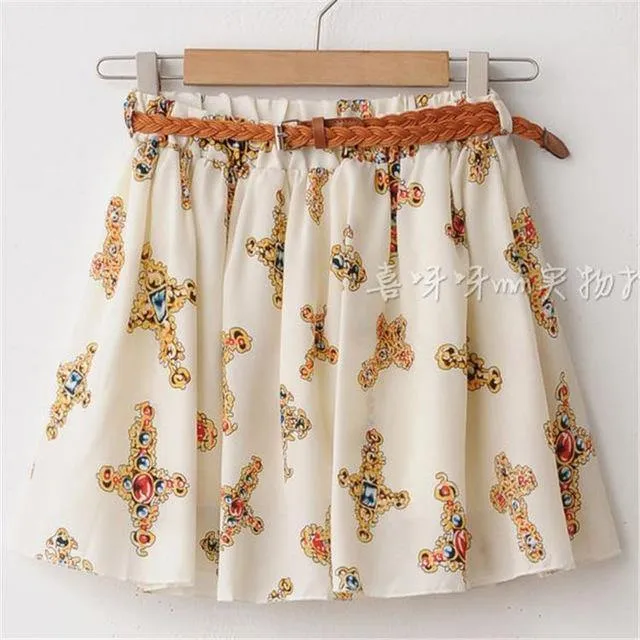 Chiffon Mini Skirts Print A-line Pleated With Lining