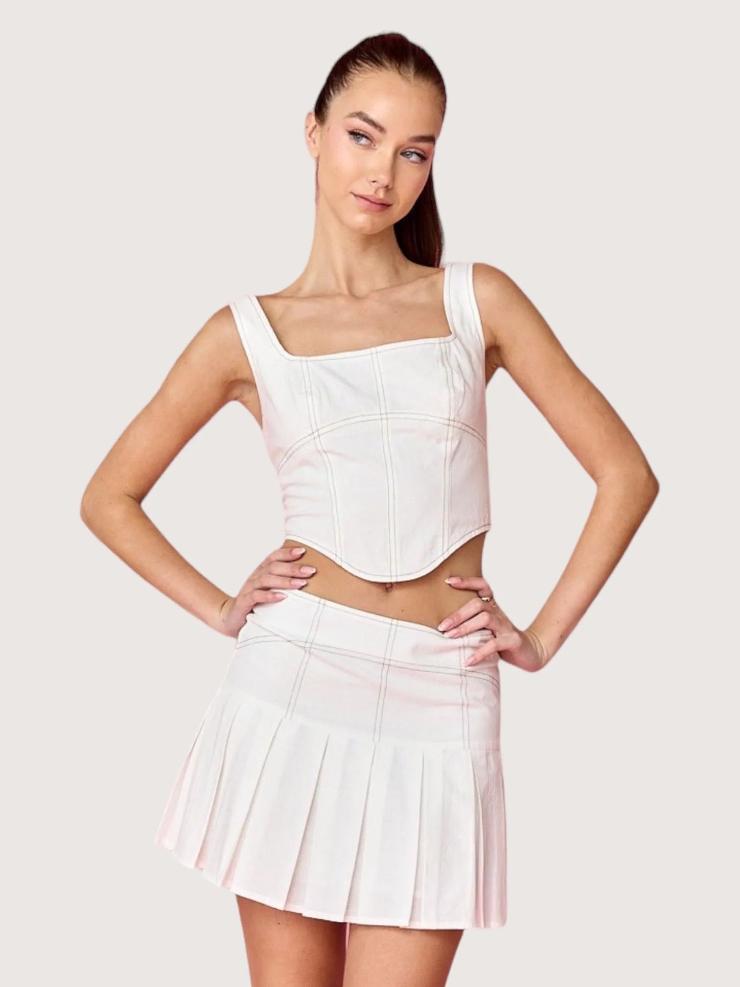 Contrast Stitch Pleated Skirt | White