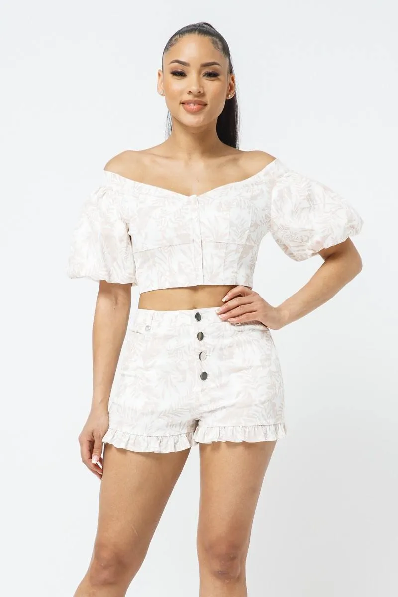 Cotton Off-shoulder Puff Sleeve Crop Top With Front Zipped Matching Shorts Set