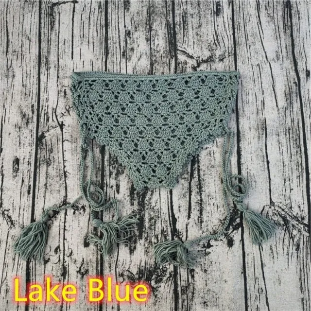 Crochet High Waist Bikini Bottoms With Lace Up Sides 4 Different Colors White Beige Black Or Lake Blue "Candice" Shorts With Boho Tassel Laces Available In Small Medium Or Large