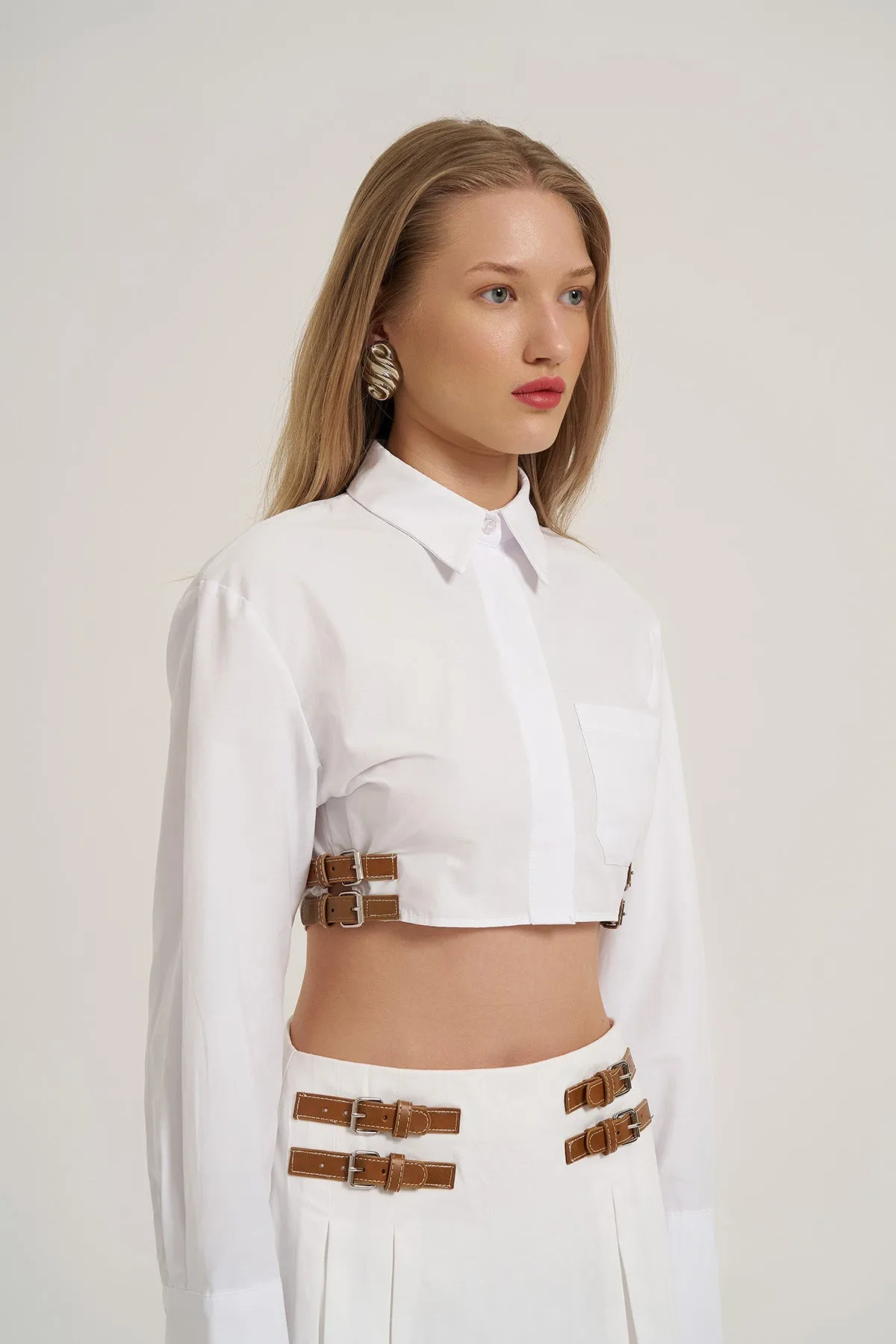 Crop Shirt with leather Belt Accessory - White