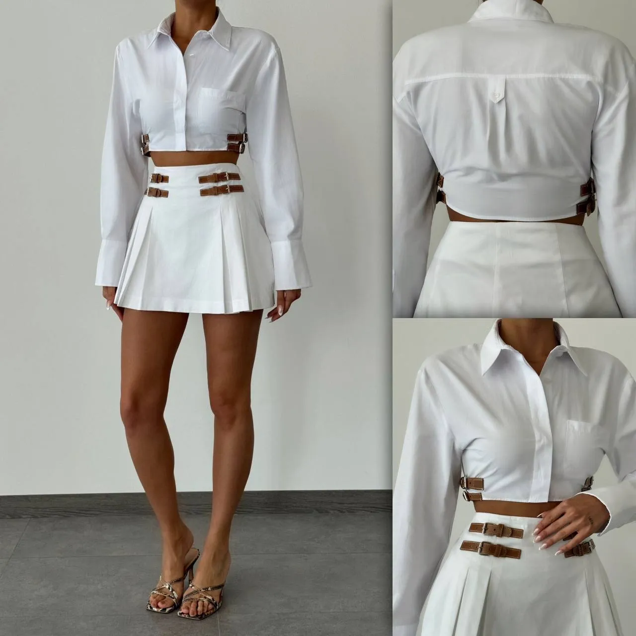 Crop Shirt with leather Belt Accessory - White