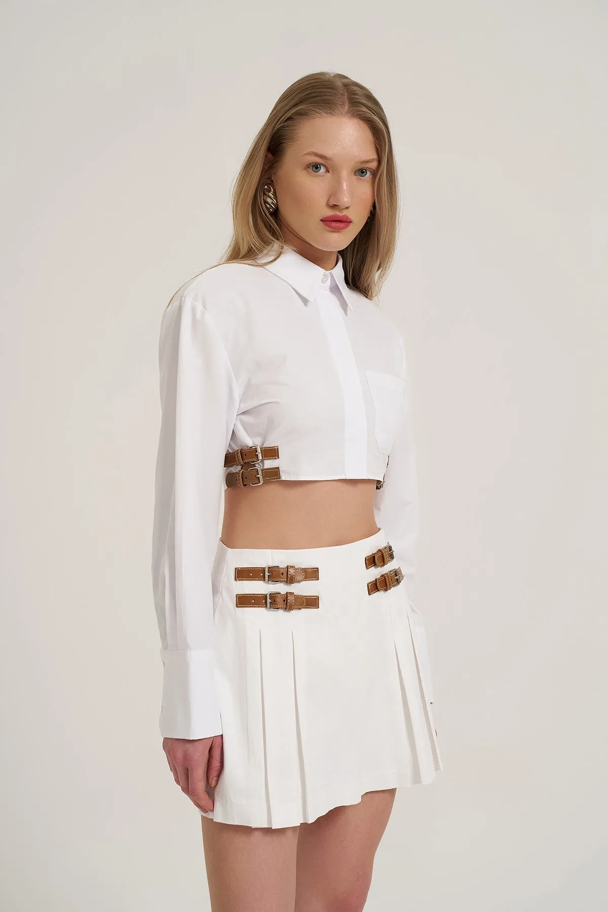 Crop Shirt with leather Belt Accessory - White