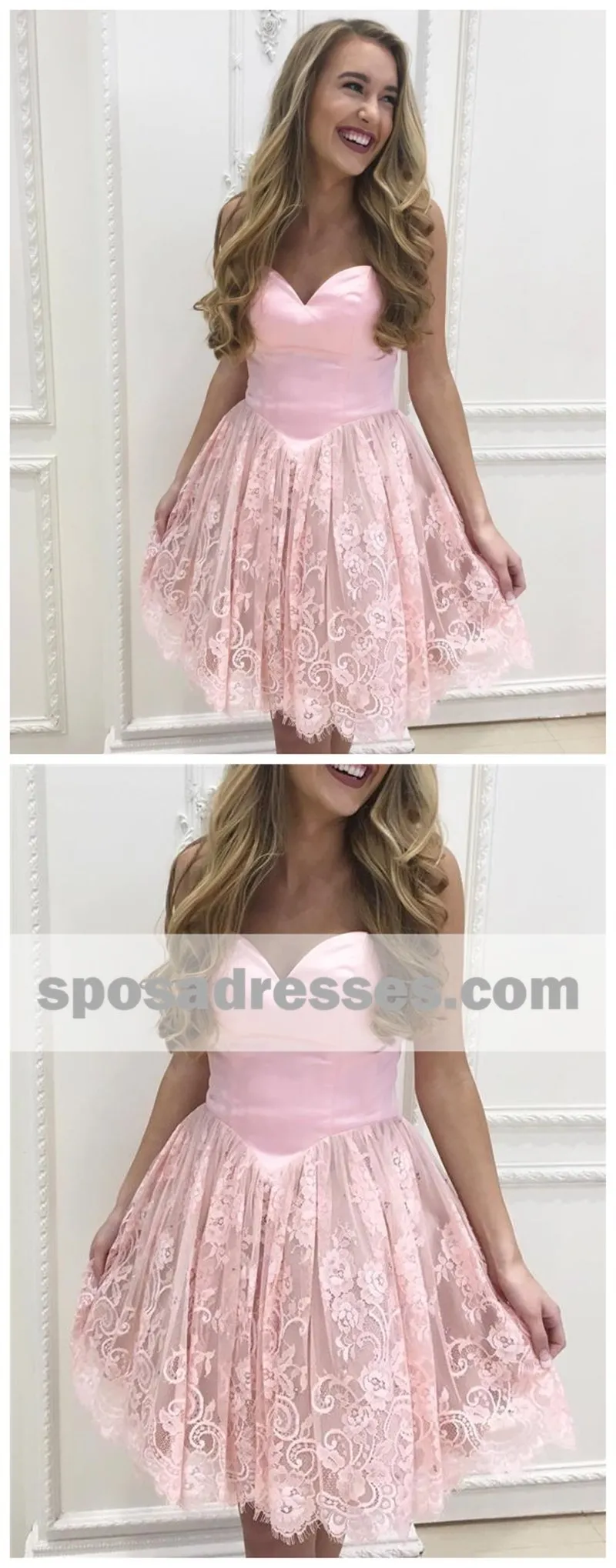 Custom Sweetheart Short Pink Lace Homecoming Dresses 2018,BDY0303