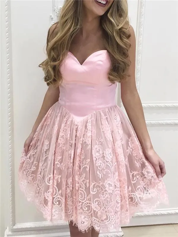 Custom Sweetheart Short Pink Lace Homecoming Dresses 2018,BDY0303