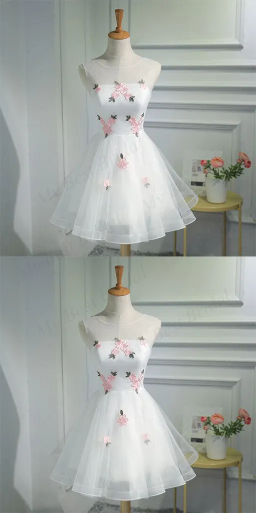 Cute A-line Organza White Sleeveless Lace-up Short Homecoming Dress ,BDY0162