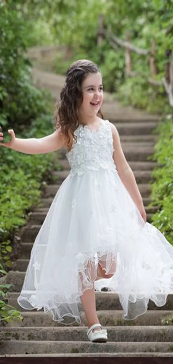 Cute White Round Neck Sleeveless Applique Little Long Flower Girl Dresses, Wedding Flower Girl Dresses, FGD036