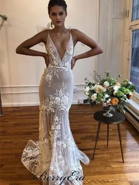 Deep V-neck Long Mermaid Lace Prom Dresses, Sexy Prom Dresses, Prom Dresses