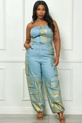 Denim Cargo Foil Jumpsuit