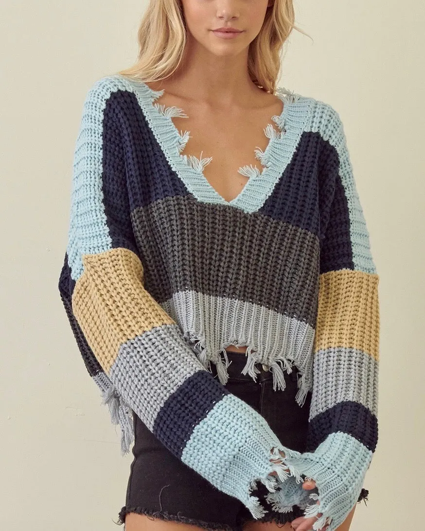 Distressed V Neck Cropped Knit Pullover Sweater - Blue/Grey