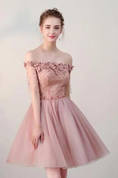 Dusty Pink Off Shoulder Short Sleeves Cheap Homecoming Dresses 2018, BDY0292