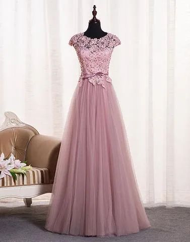 Dusty Pink Open Back Cap Sleeve Custom Long Evening Prom Dresses, 17722