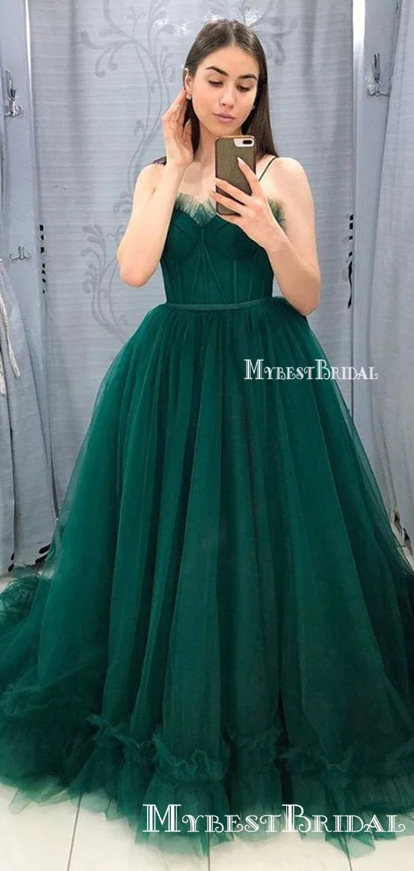 Elegant Charming Green Spaghetti Strap Sweetheart Tulle Long Cheap Formal Evening Party Prom Dresses, PDS0032