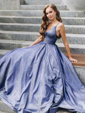 Elegant Dark Blue V-neck A-line Long Prom Dresses, PDS0129