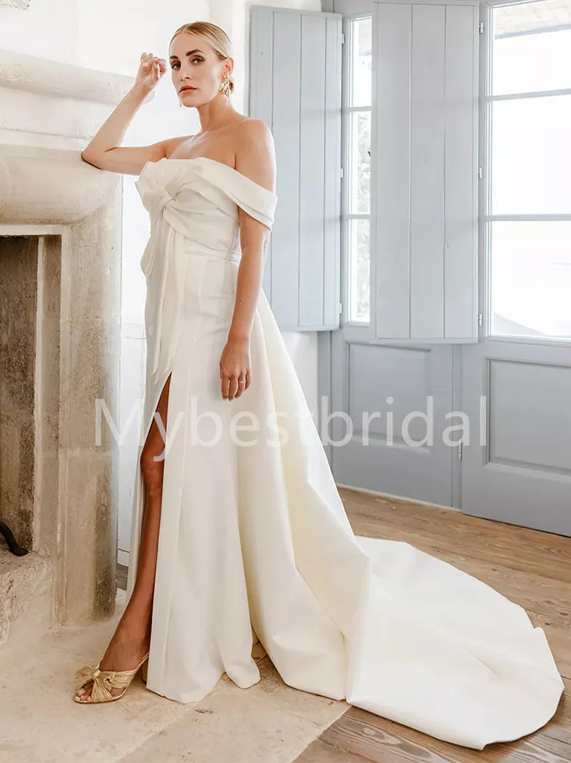 Elegant Off shoulder Side slit Lace applique Wedding Dresses, WDY0265