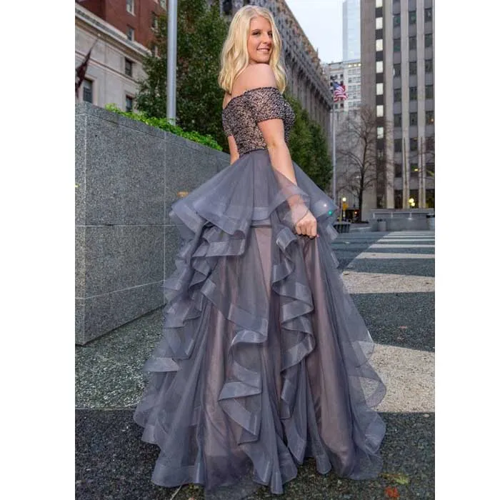 Elegant Off the Shoulder Grey Beaed Tulle Long Prom Dresses, SG111