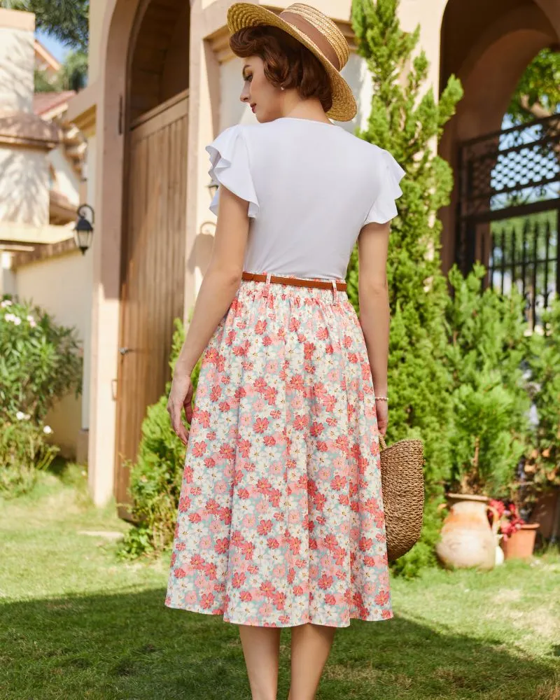 Floral Patterns High Low A Line Skirts Vintage High Waisted Midi Flowy Skirts with Belt