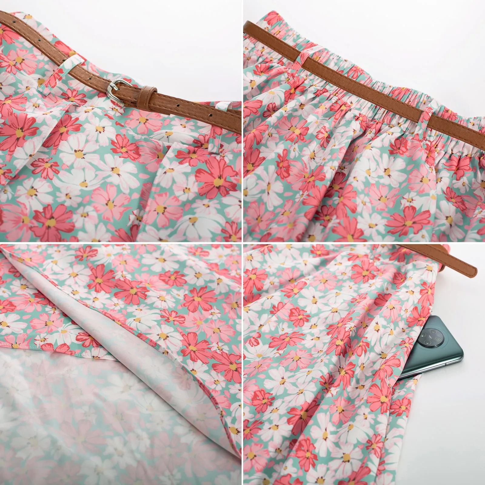 Floral Patterns High Low A Line Skirts Vintage High Waisted Midi Flowy Skirts with Belt