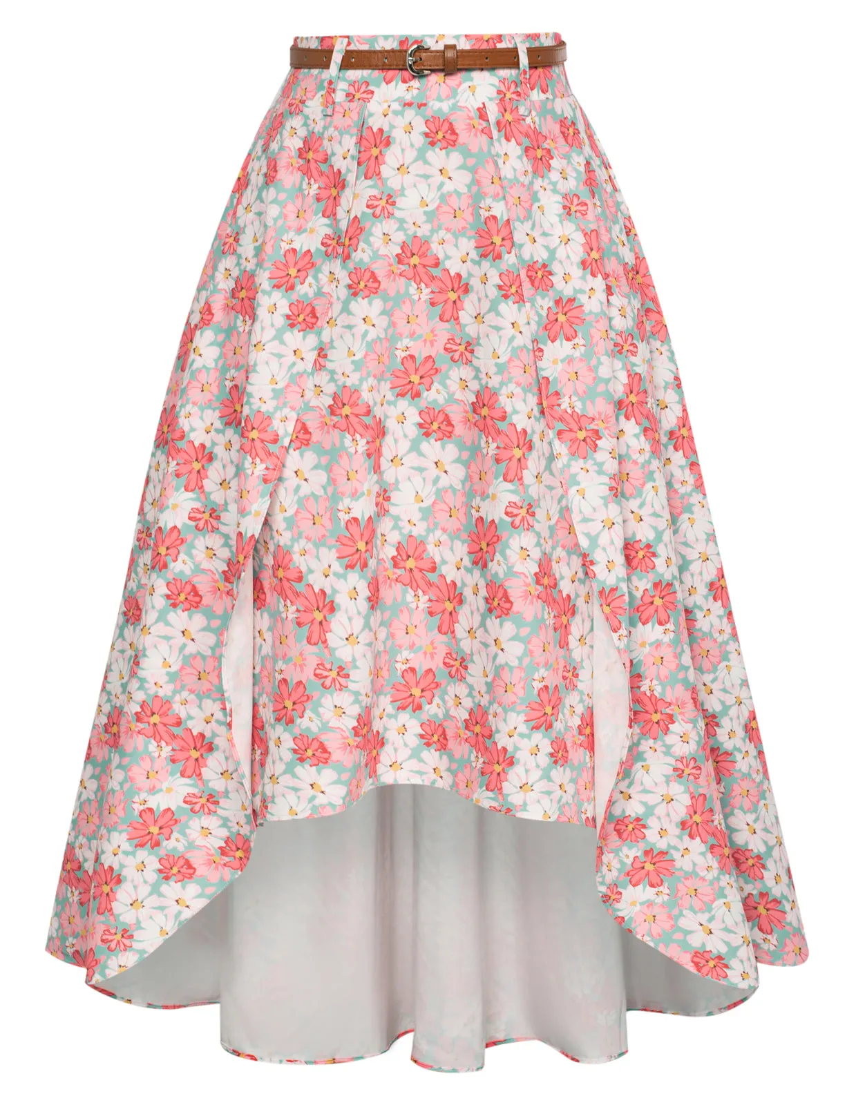 Floral Patterns High Low A Line Skirts Vintage High Waisted Midi Flowy Skirts with Belt