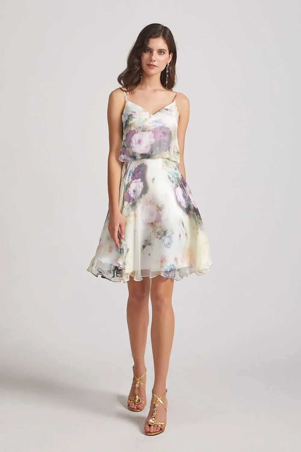 Floral-print Slender Straps Short Bridesmaid Dresses (AF0121)