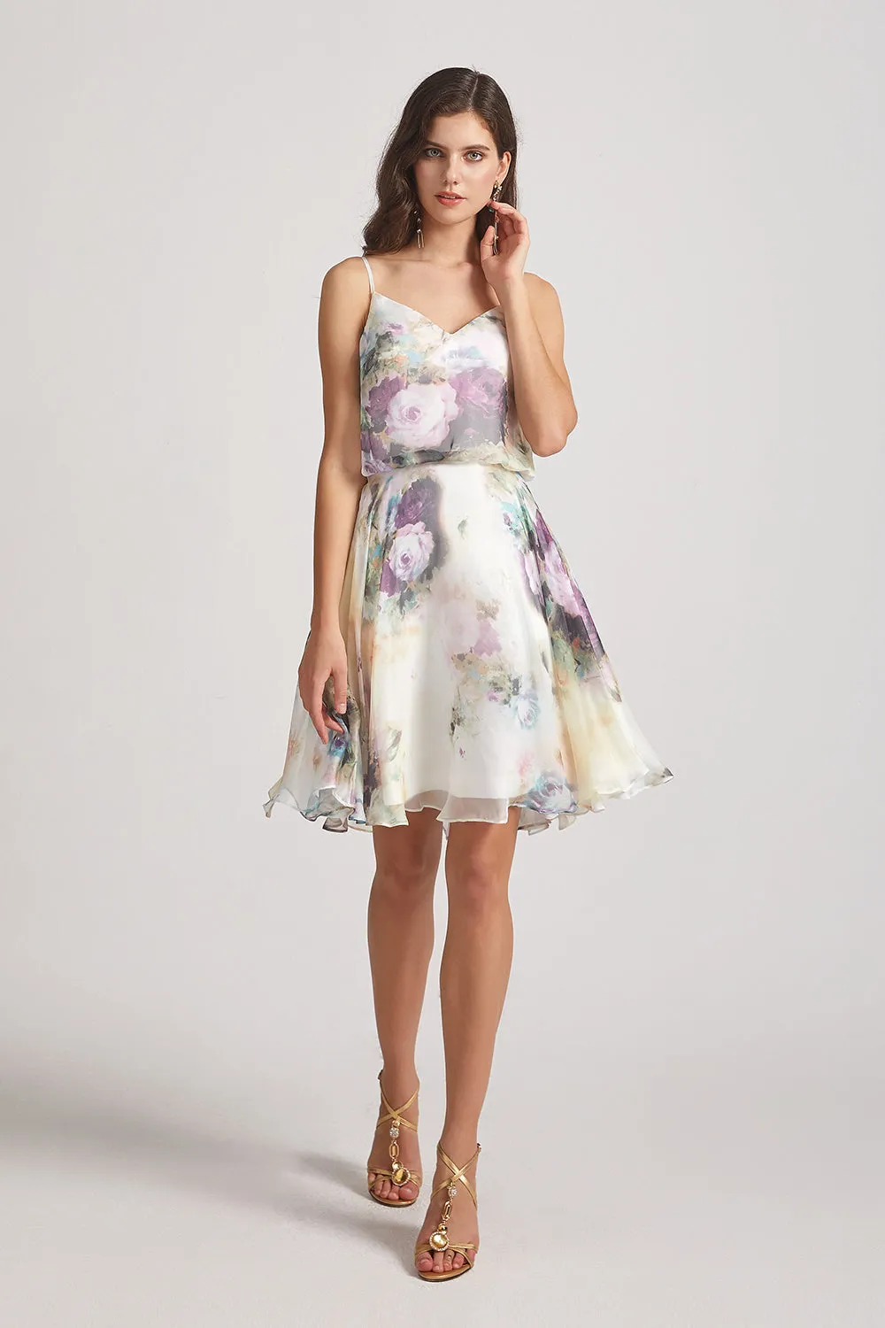 Floral-print Slender Straps Short Bridesmaid Dresses (AF0121)